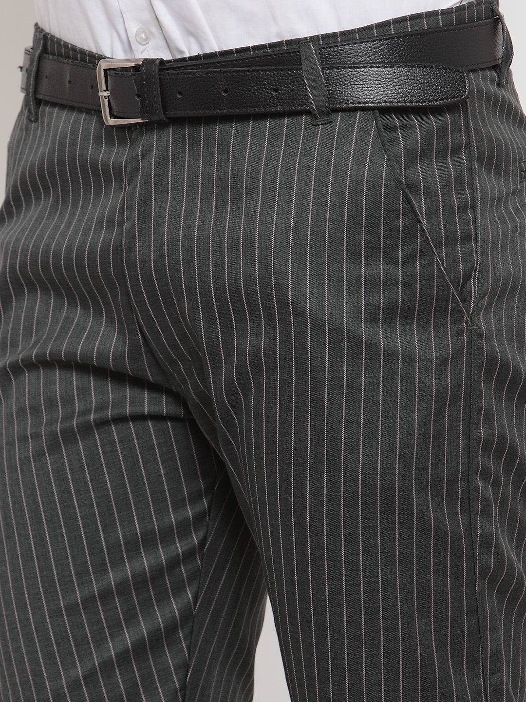 Jainish Men's Green Cotton Striped Formal Trousers ( FGP 255Olive ) | Grocsy