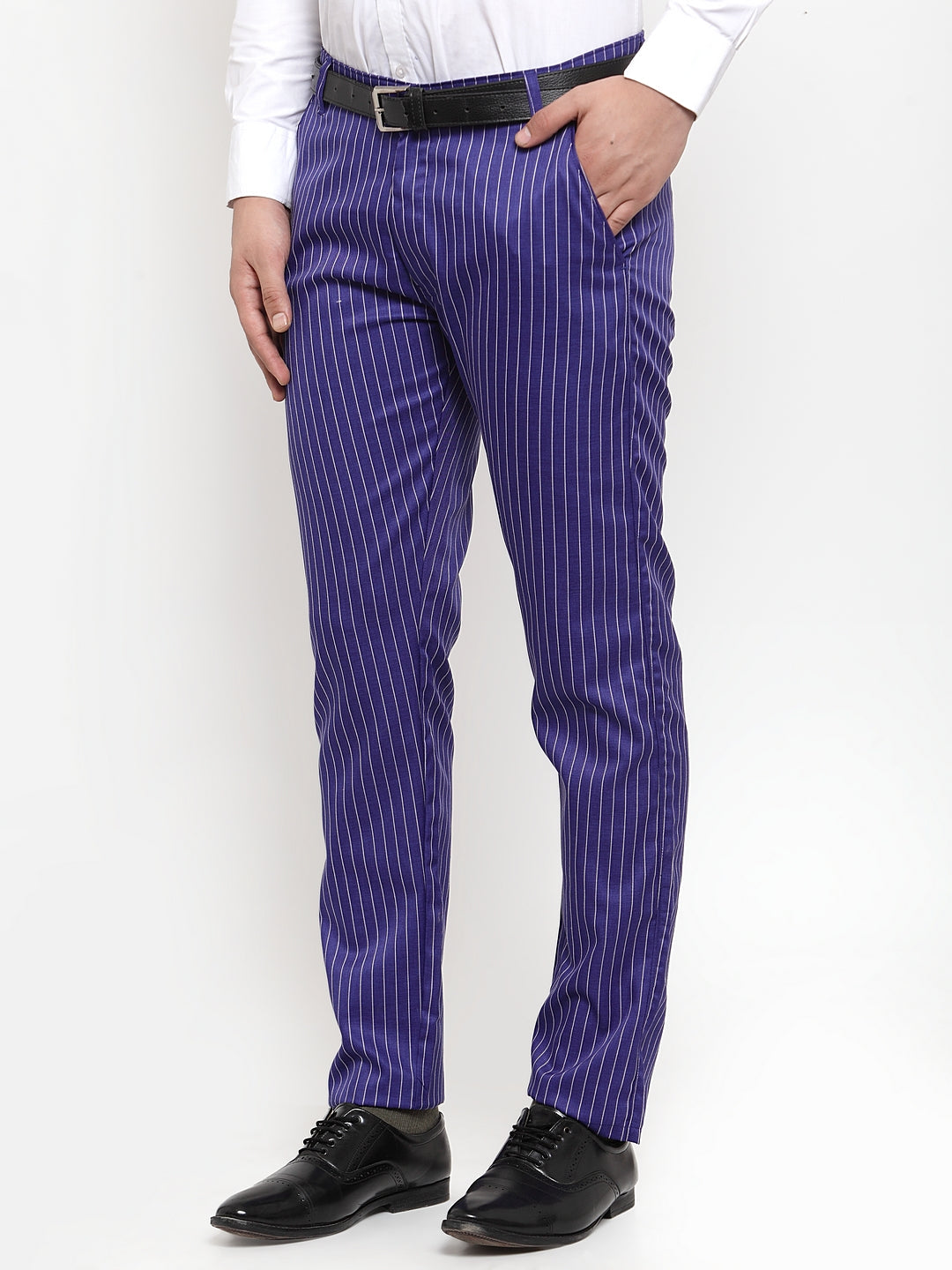 Jainish Men's Blue Cotton Striped Formal Trousers ( FGP 255Royal-Blue ) | Grocsy