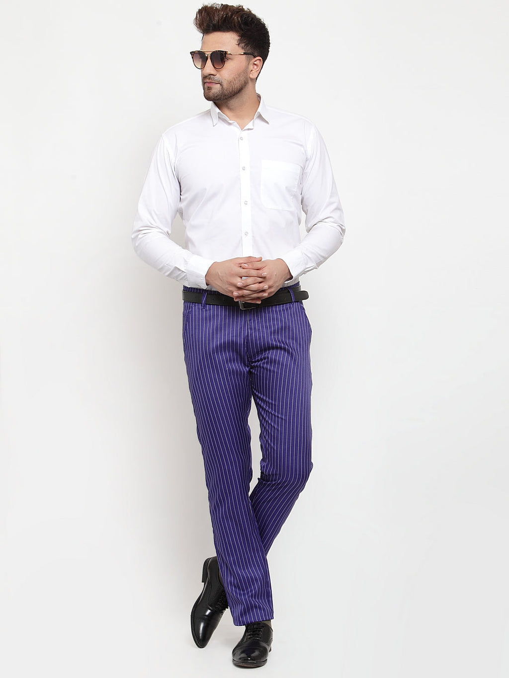 Jainish Men's Blue Cotton Striped Formal Trousers ( FGP 255Royal-Blue ) | Grocsy