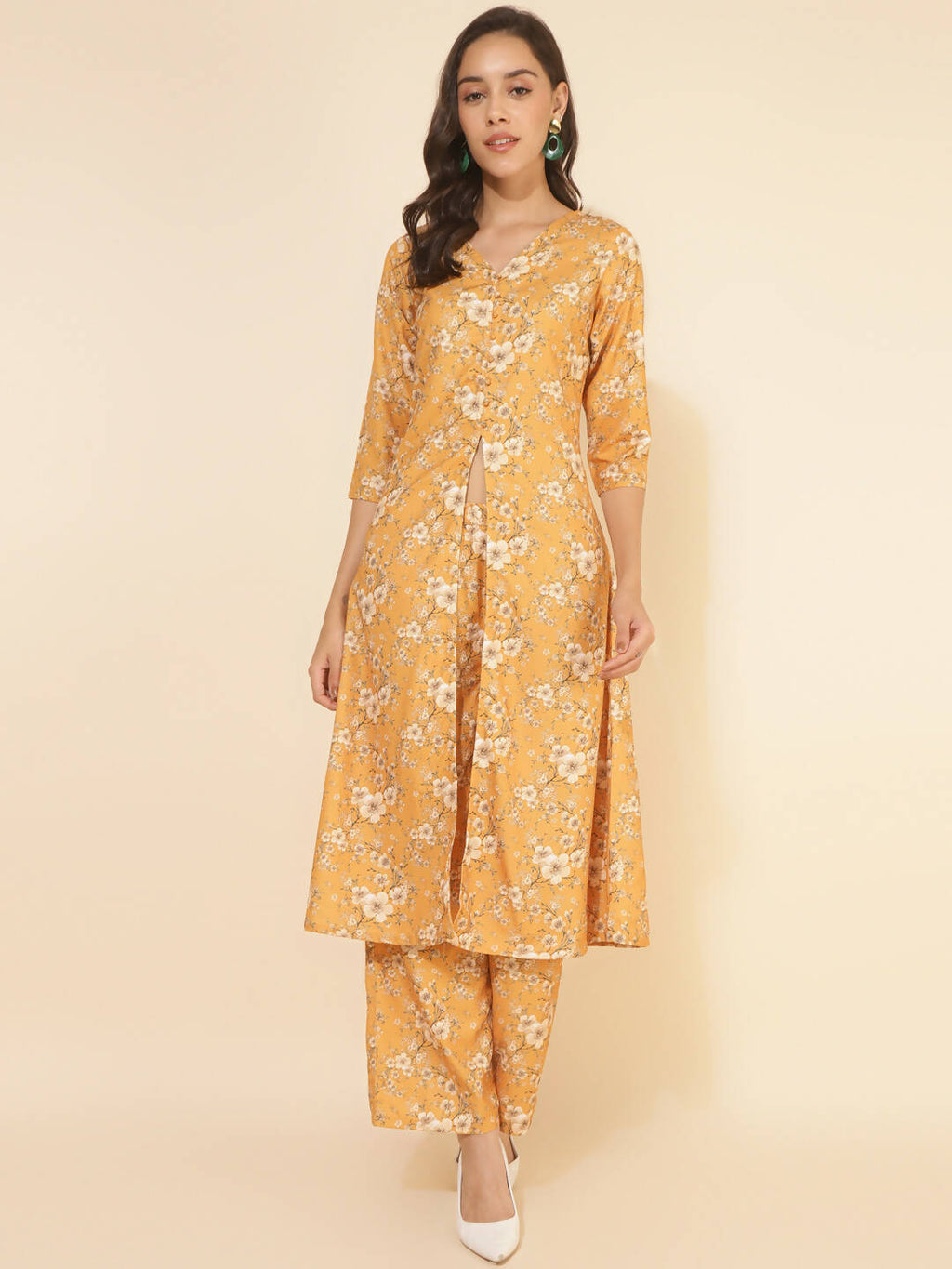 Janasya Women's Mustard Moss Floral Printed Casual Front Slit Co-ords | Grocsy