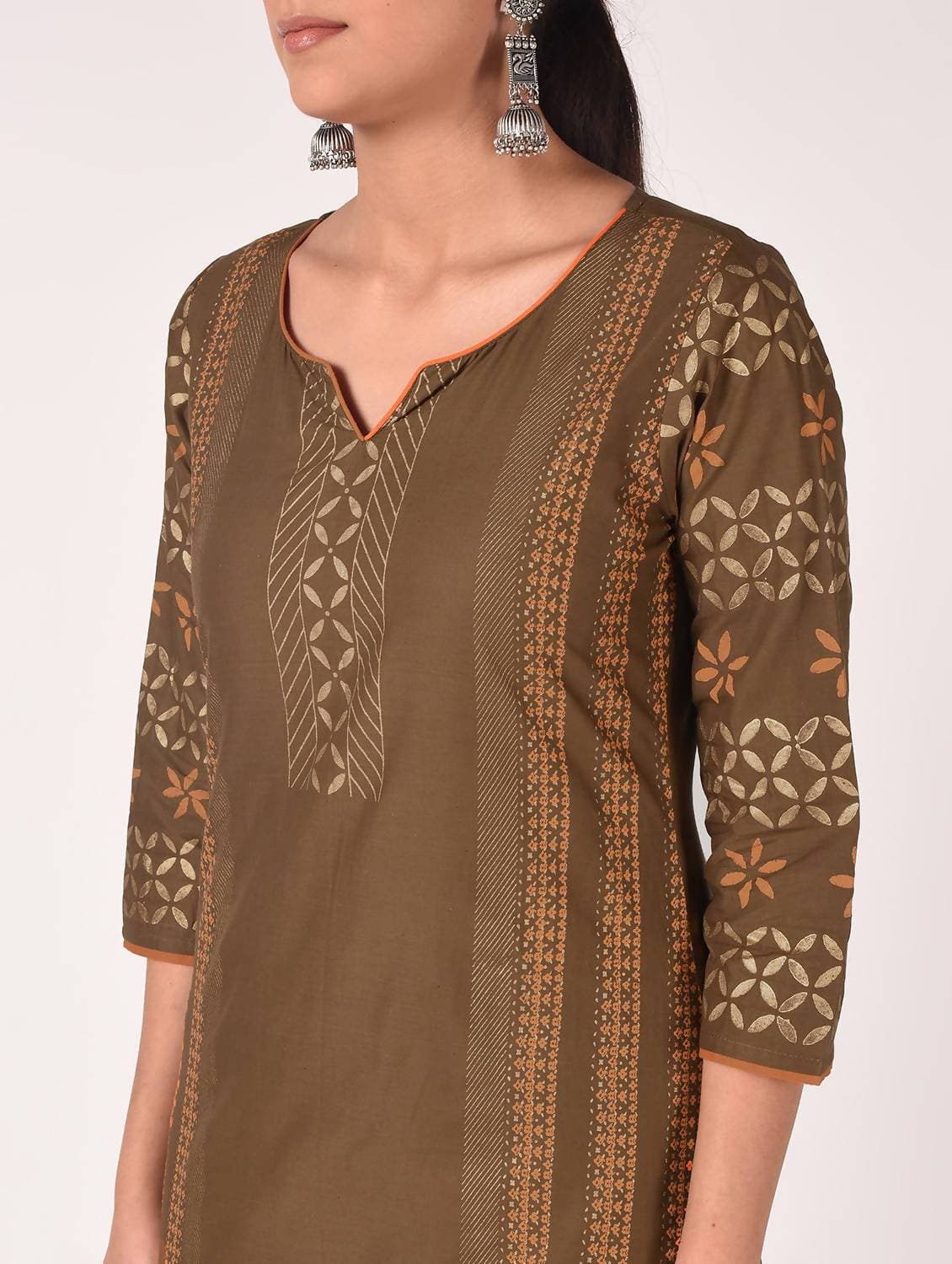 Cheera Hand Block Print Earth Brown & Yellow Straight Kurta With Palazzo (MAAI-086K) | Grocsy