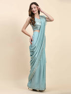 Sky Blue Silk Satin Solid Ready to wear Saree with stitched Blouse - Satiksha | Grocsy