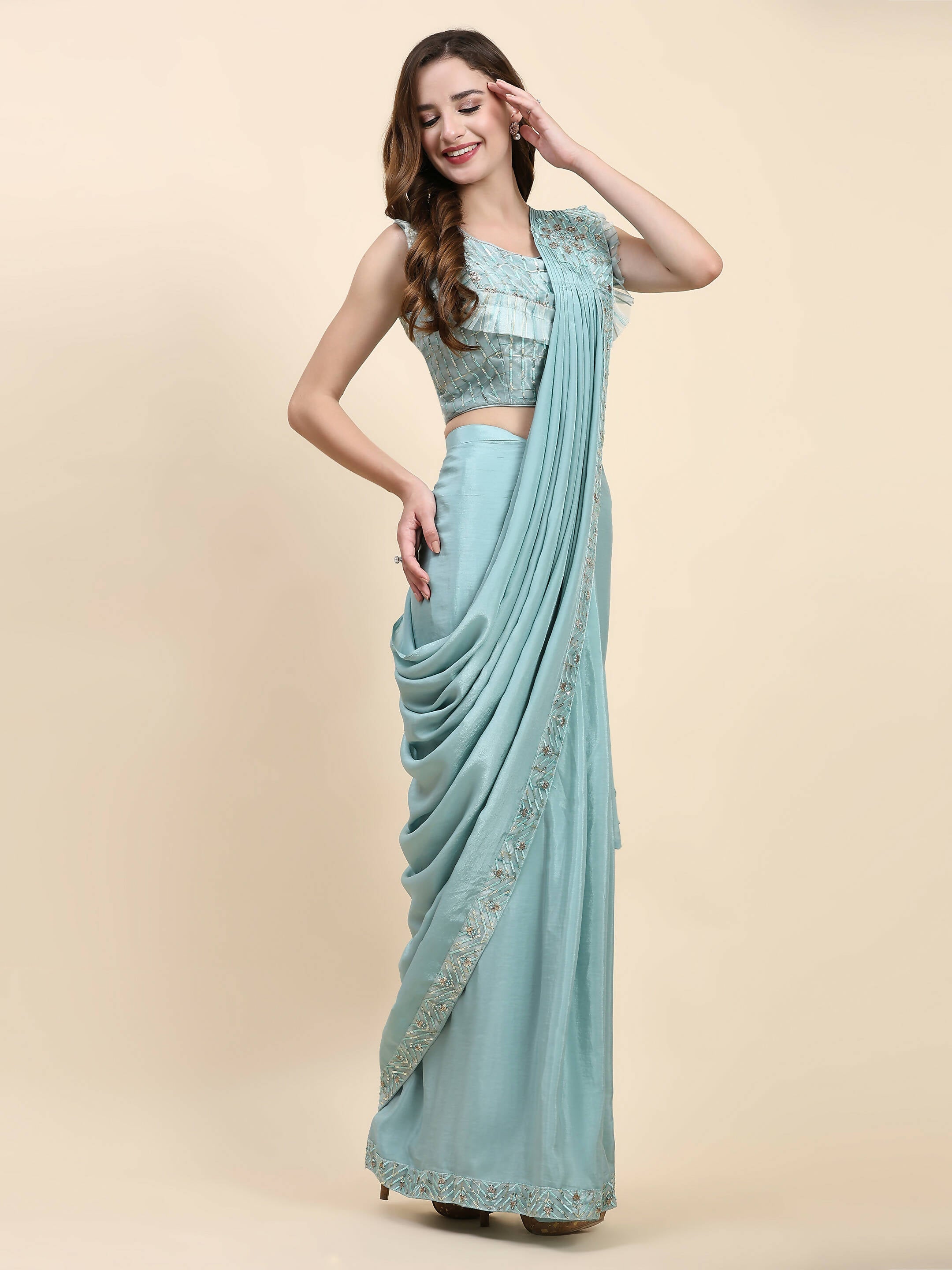 Sky Blue Silk Satin Solid Ready to wear Saree with stitched Blouse - Satiksha | Grocsy