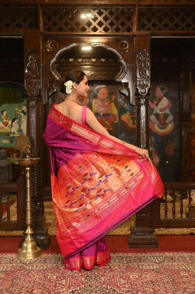Very Much Indian Pure Silk Paithani With Most Magenta With Contrast Pink | Grocsy