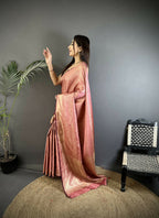 Joban Fashion Dusty Pink Floral Motifs & Ethnic Design Soft Satin Silk Kanchipuram Saree | Grocsy