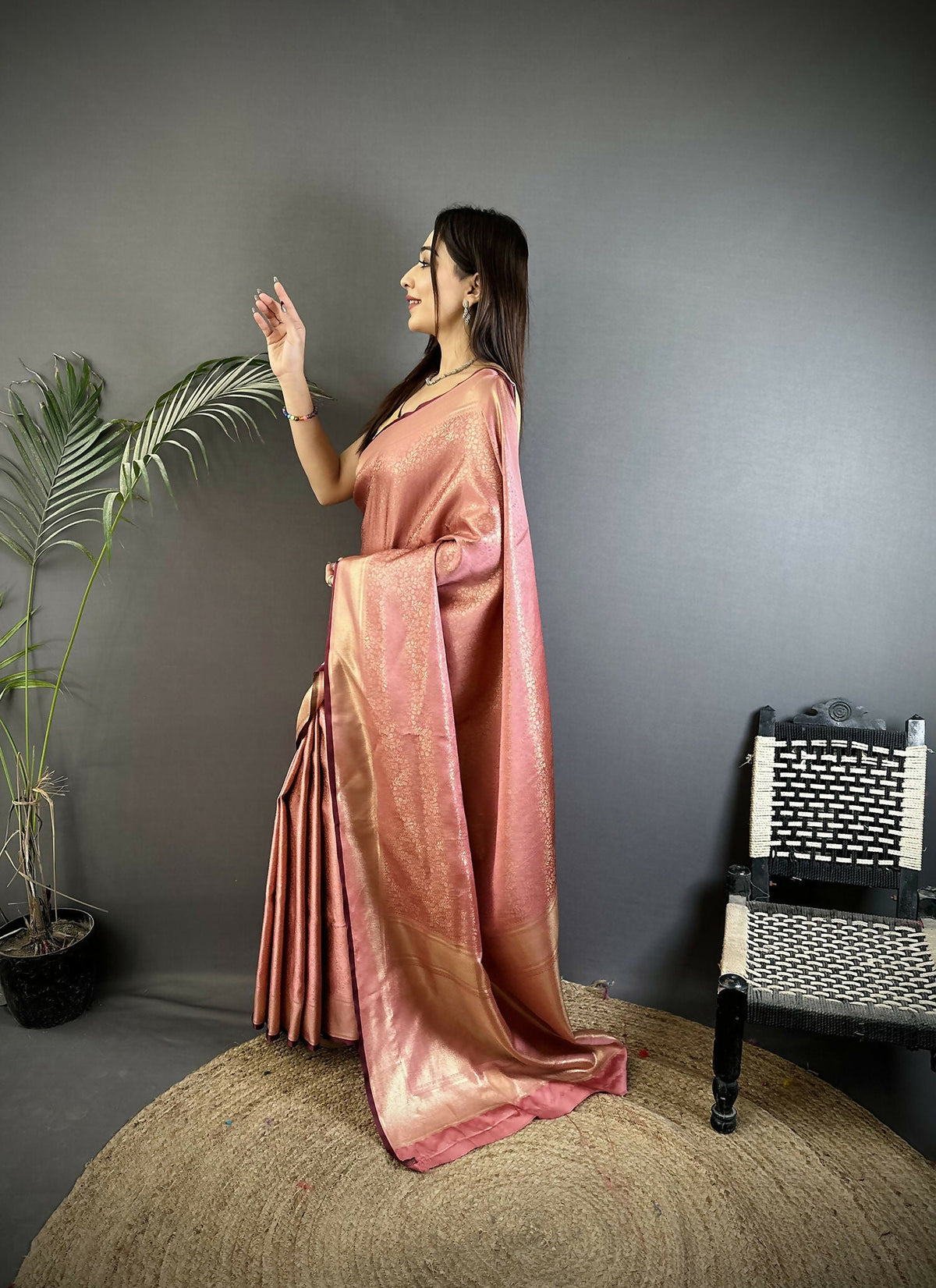 Joban Fashion Dusty Pink Floral Motifs & Ethnic Design Soft Satin Silk Kanchipuram Saree | Grocsy