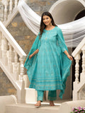 Sky Blue Cotton Cambric Printed with Sequins work Anarkali Kurta with Pant & Dupatta - Akashara | Grocsy