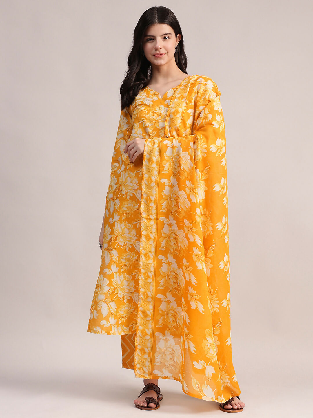 Aavyora Women Mustard Yellow Floral Printed Kurta with Chevron Printed Pants & Dupatta Set | Grocsy