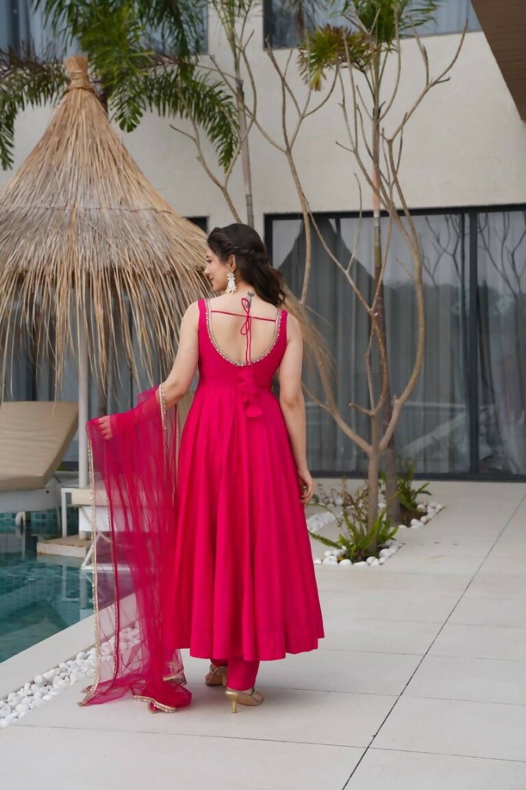 Teeya Creation Pink Color Pure Roman Silk Mirror Lace Party Wear Gown | Grocsy