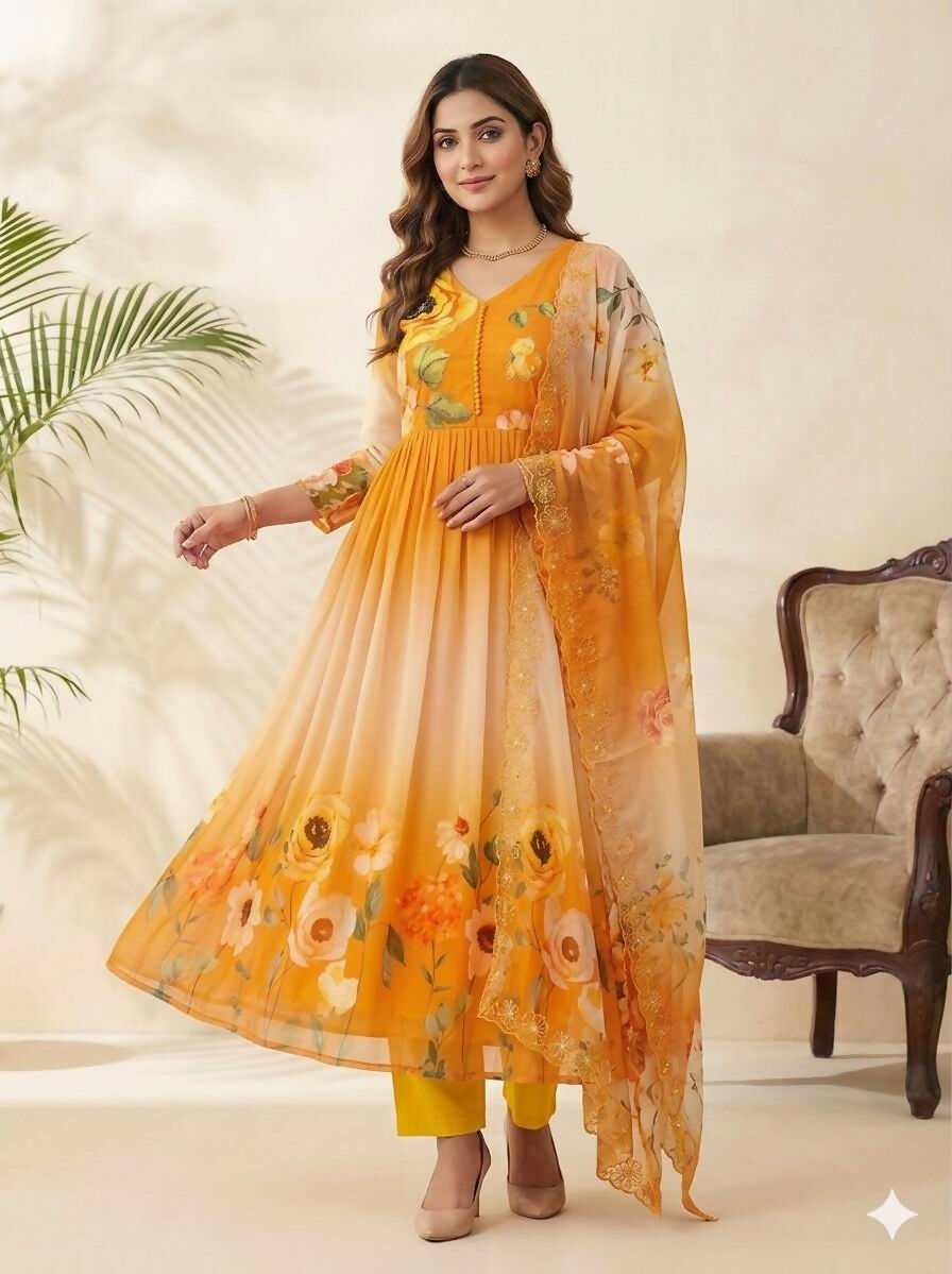 Teeya Creation Womens New Fancy Fox Georgette Heavy Quality Fabric With Handwork Yellow Gown Set | Grocsy