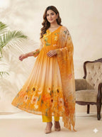 Teeya Creation Womens New Fancy Fox Georgette Heavy Quality Fabric With Handwork Yellow Gown Set | Grocsy