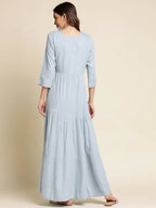 Sky Blue Chinon Floral Embroidered Dress - Nandani | Grocsy