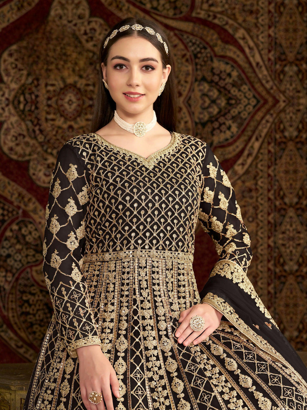 Anaita Black Embroidered Net Stitched Anarkali Suit | Grocsy