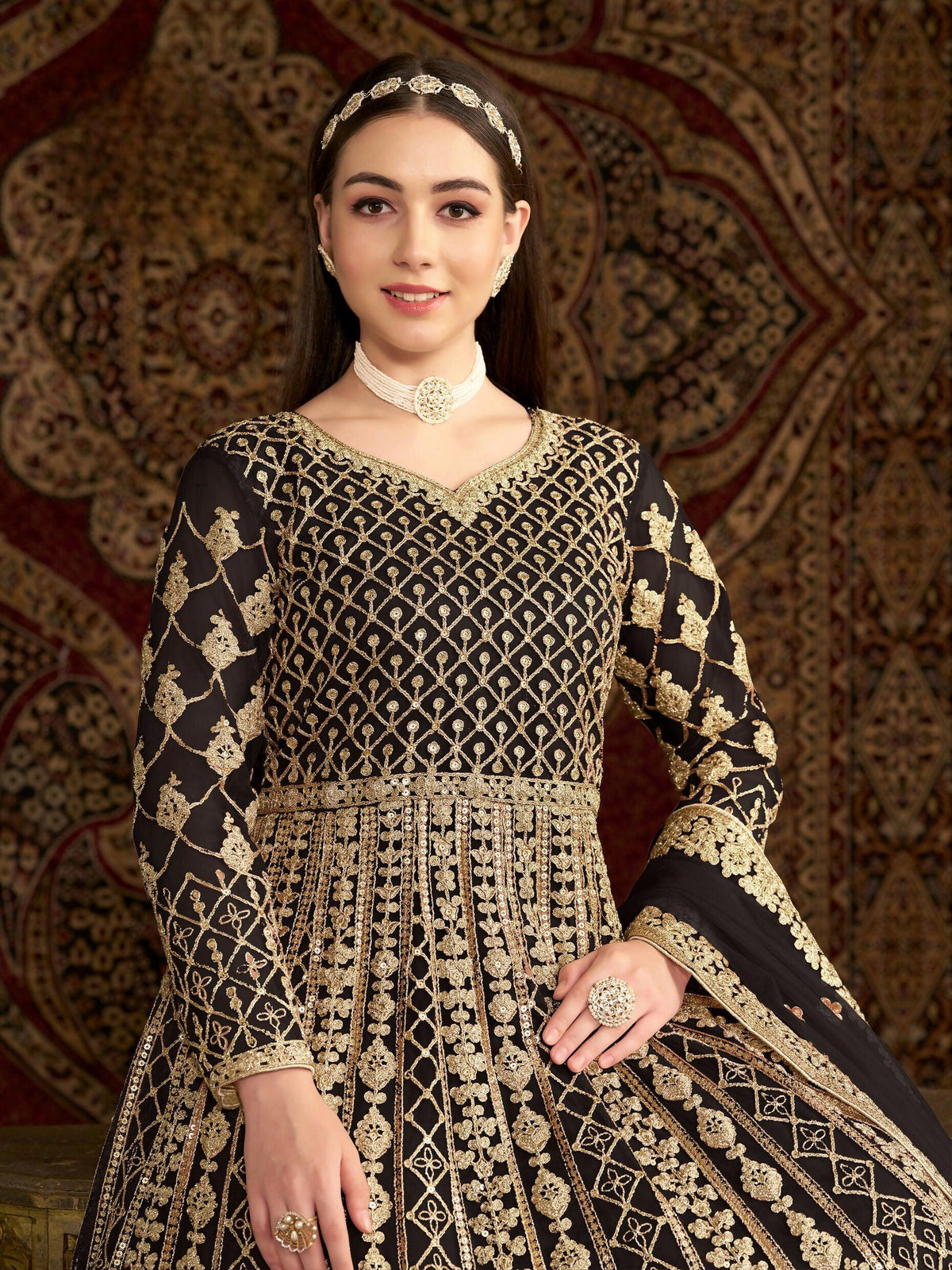 Anaita Black Embroidered Net Stitched Anarkali Suit | Grocsy