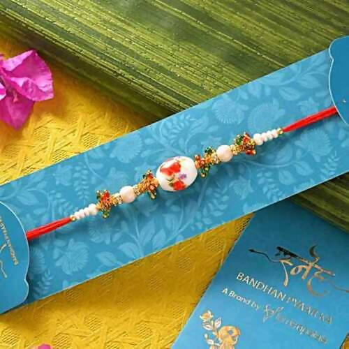 White Pearl Beads Rakhi & Laddu Hamper Combo | Grocsy