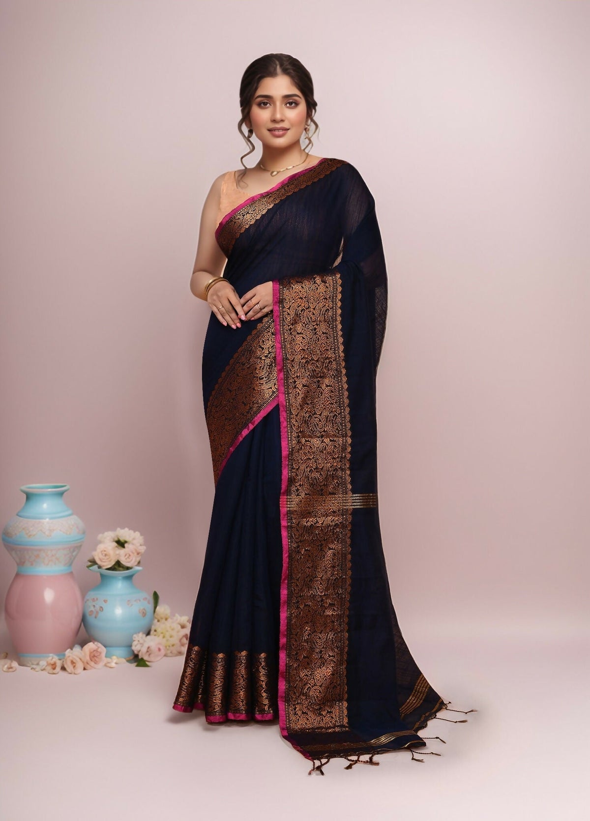 Joban Fashion Dark Blue Cotton Blend Handloom Saree | Grocsy