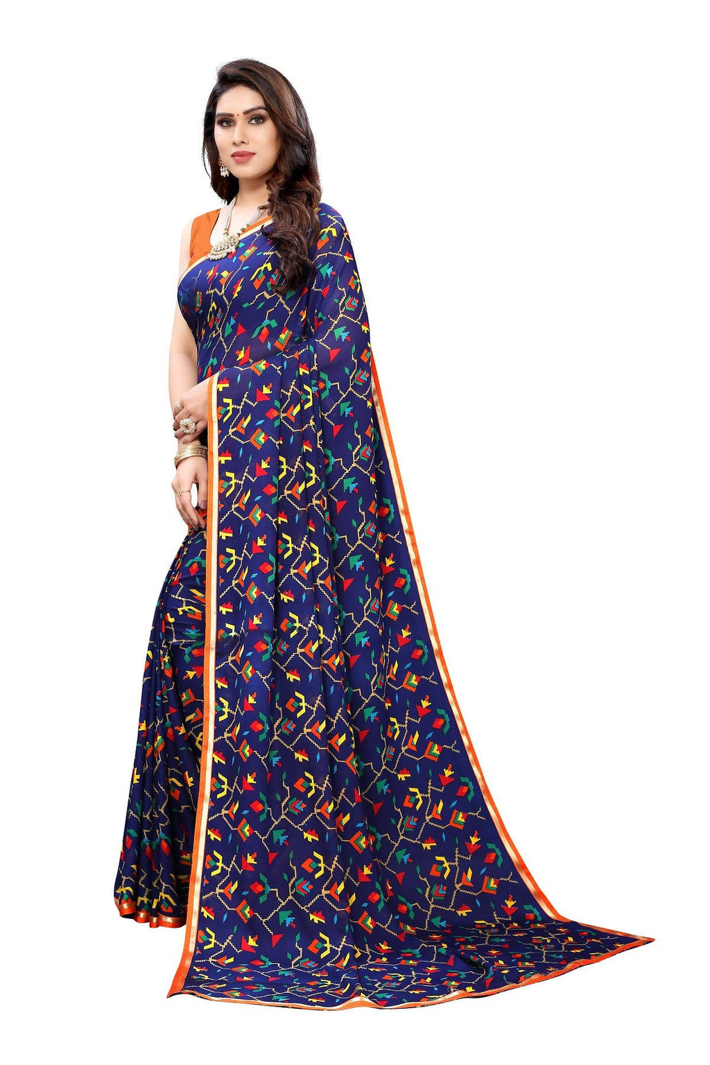 Vamika Ethnic Fire Blue Printed With Lace Saree | Grocsy