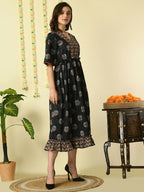 Myshka Women's Black Printed Cotton Party Dress | Grocsy