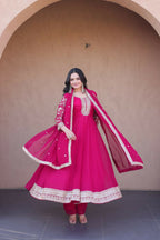 Teeya Creation Rani Pink Faux Georgette Embroidered Anarkali Suit with Dupatta | Grocsy