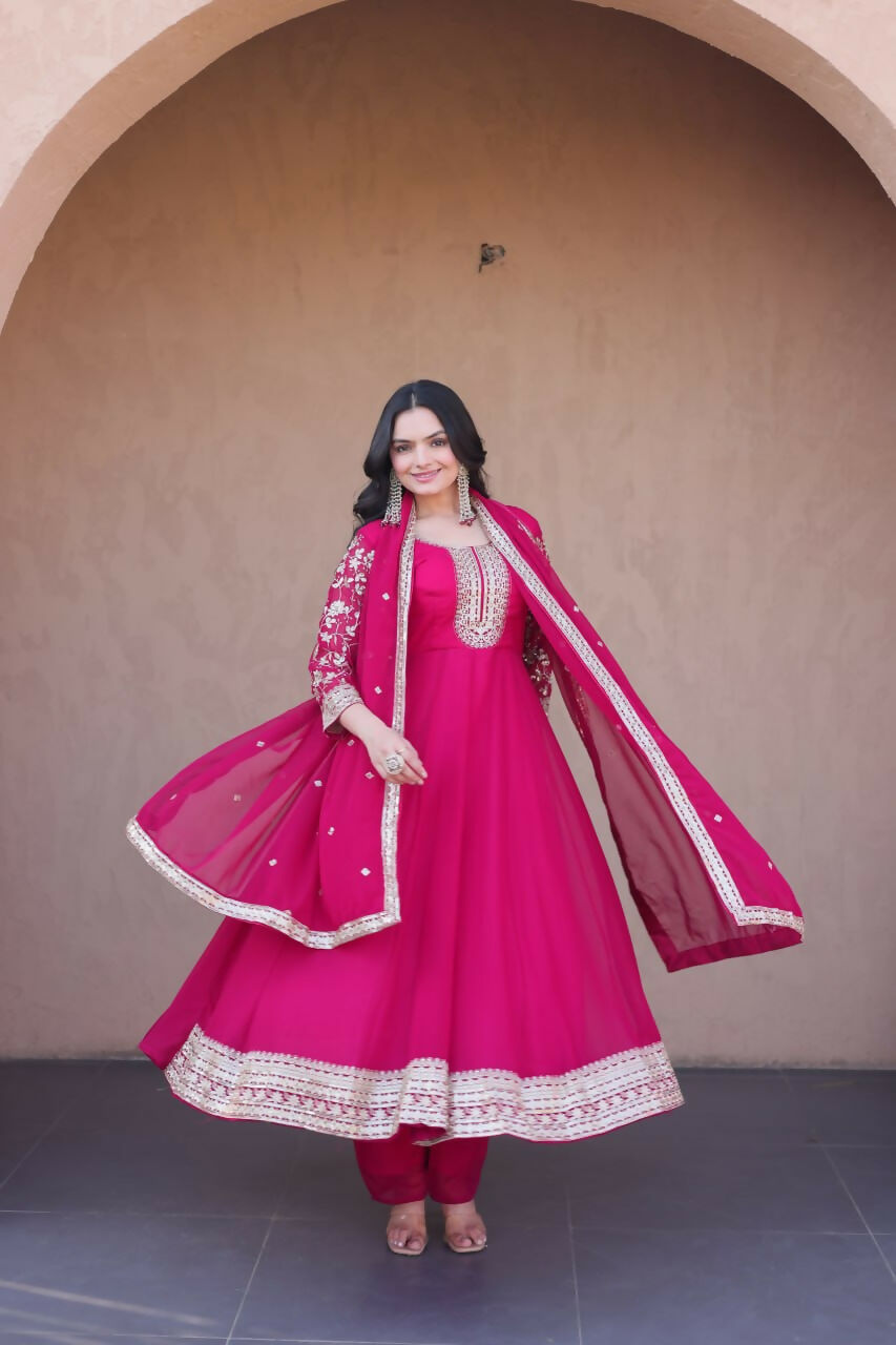 Teeya Creation Rani Pink Faux Georgette Embroidered Anarkali Suit with Dupatta | Grocsy