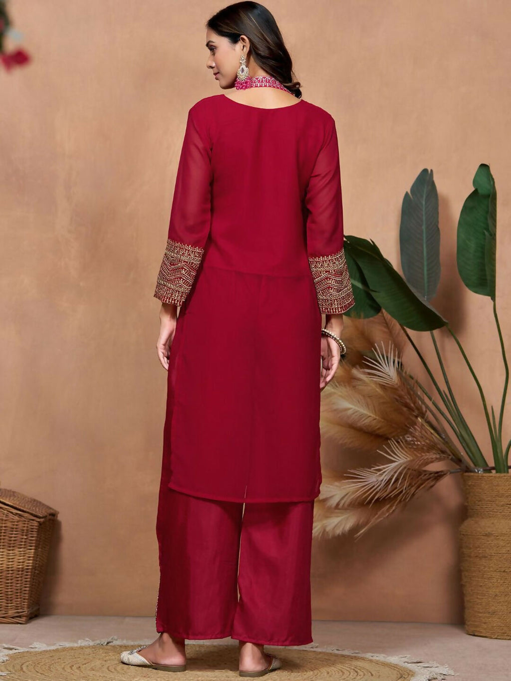 The52 Women's Beautiful Georgette Fabric Embroidery Work Straight Kurta Palazzo and Dupatta Set | Grocsy