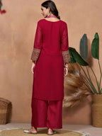 The52 Women's Beautiful Georgette Fabric Embroidery Work Straight Kurta Palazzo and Dupatta Set | Grocsy