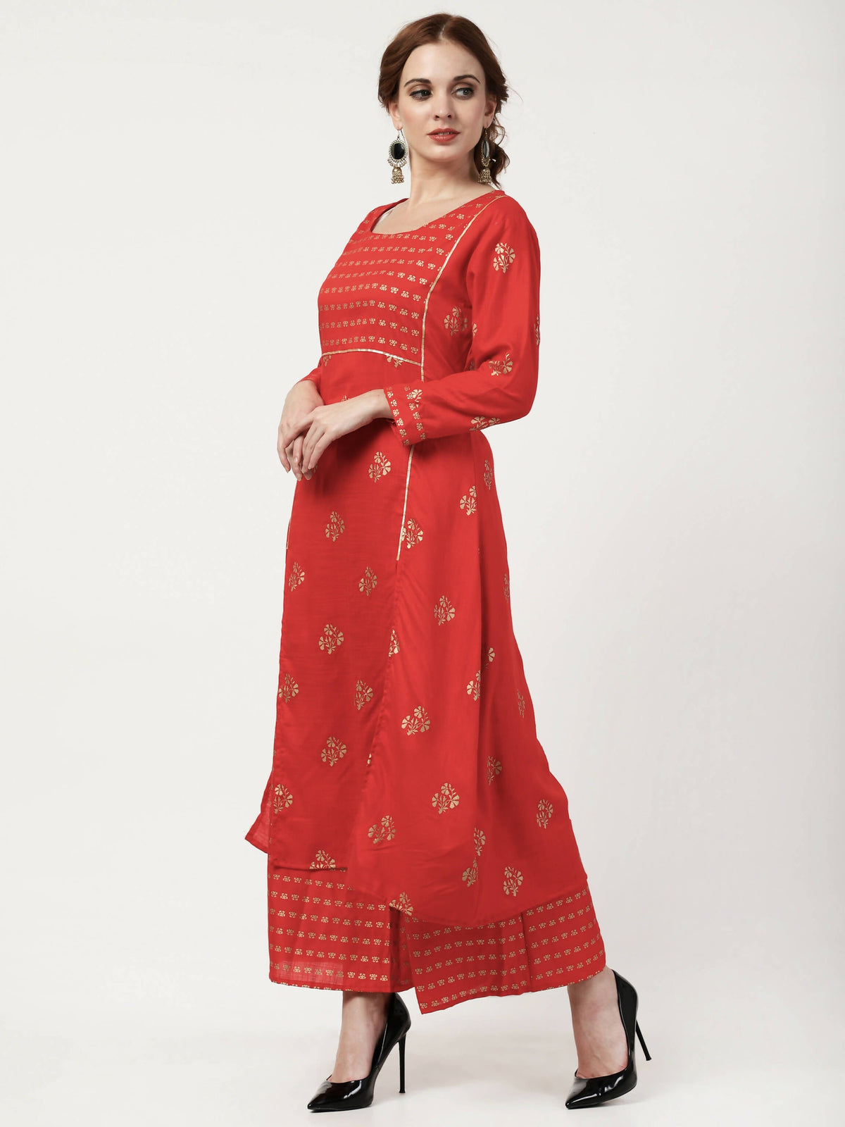 Cheera Embellished Daily Wear Cotton Blend Kurta With Palazoo - Red | Grocsy