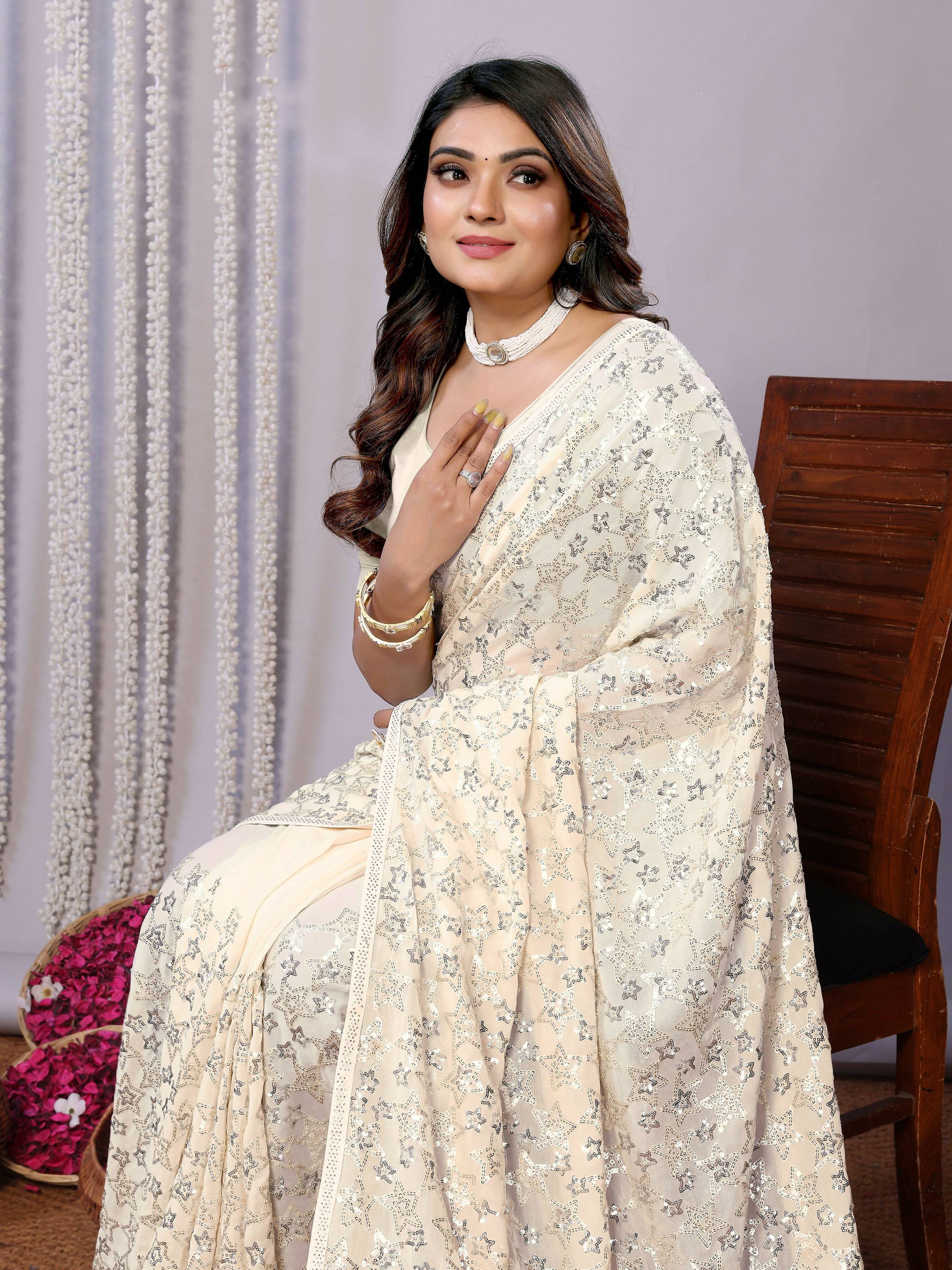 White Pure Georgette Embroidered Saree With Stitched Blouse - Nimaya Kaksha | Grocsy