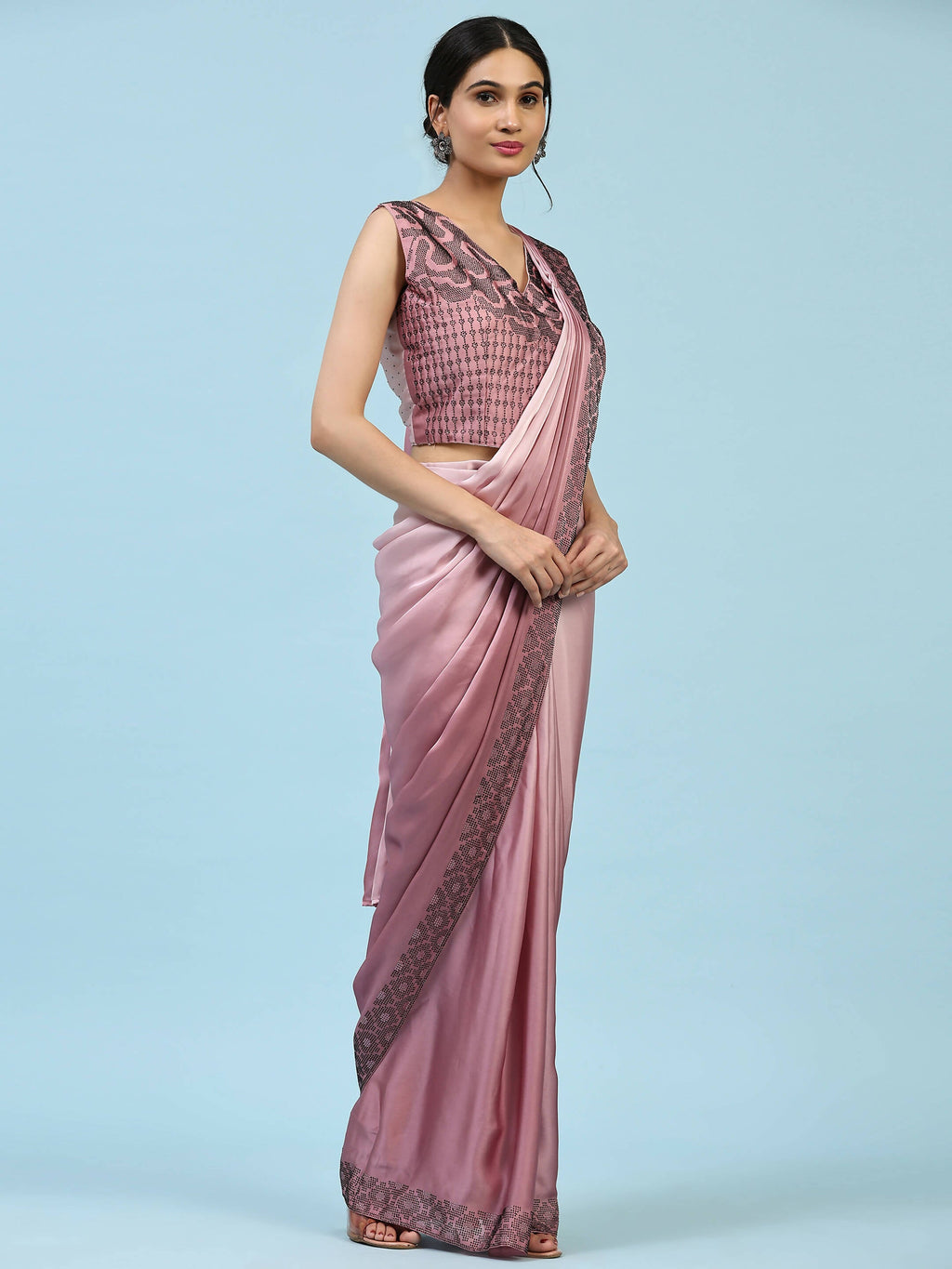Purple Ombre Satin Georgette Plain Ready to wear Saree with stitched Blouse - Vrinda | Grocsy