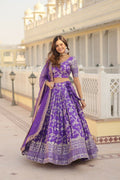 Vastranavya Designer Dyeable Pure Viscose Jacquard Fabric Lehenga Choli & Dupatta Set - Purple | Grocsy