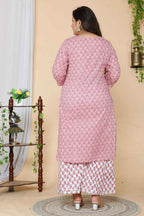 Miravan Women's Plus Size Pink Floral Printed Gotta Patti Pure Cotton Kurta With Palazzo | Grocsy