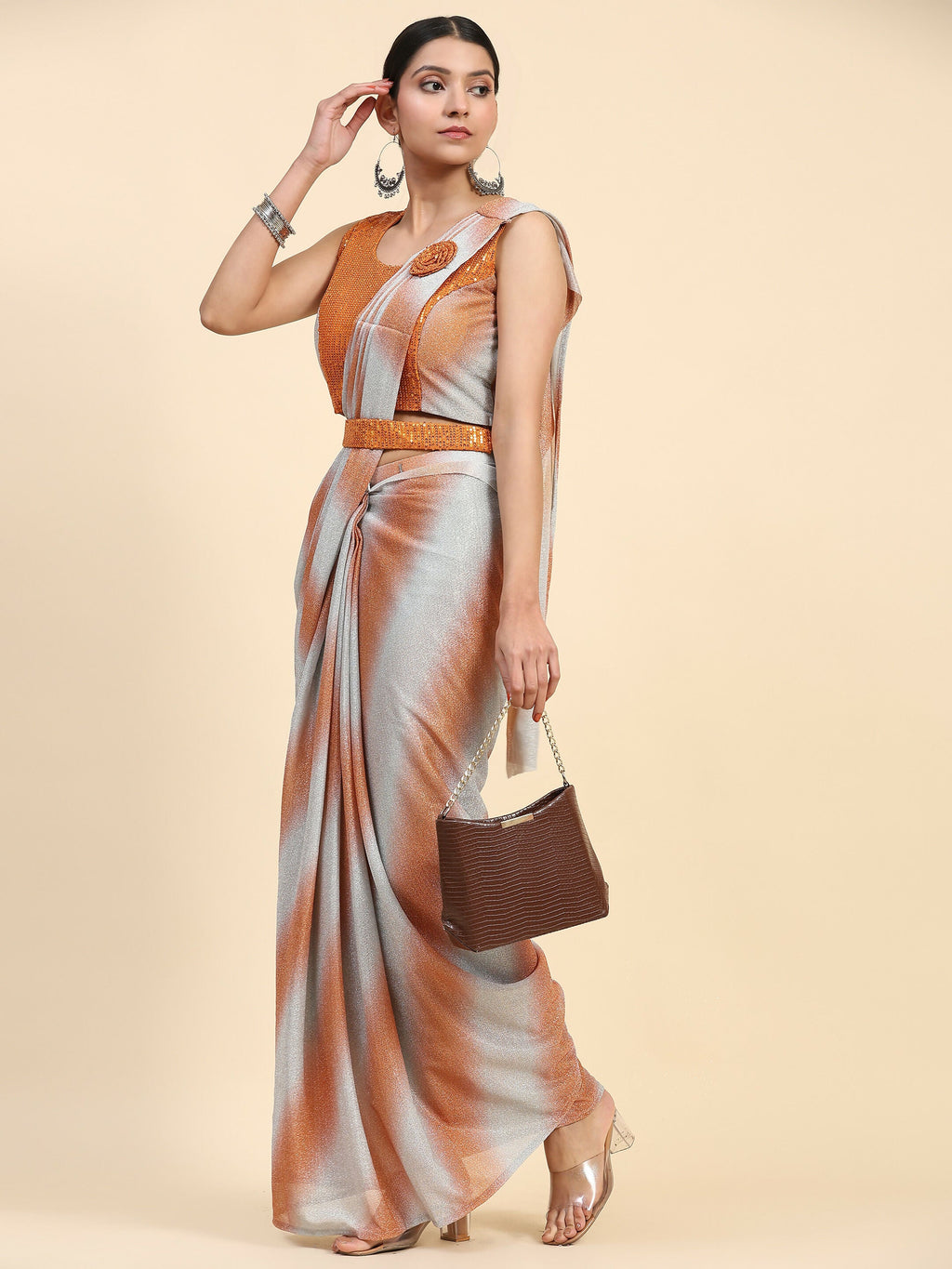 Orange Polyester Solid Ready to Wear Saree with stitched Blouse - Aayan | Grocsy