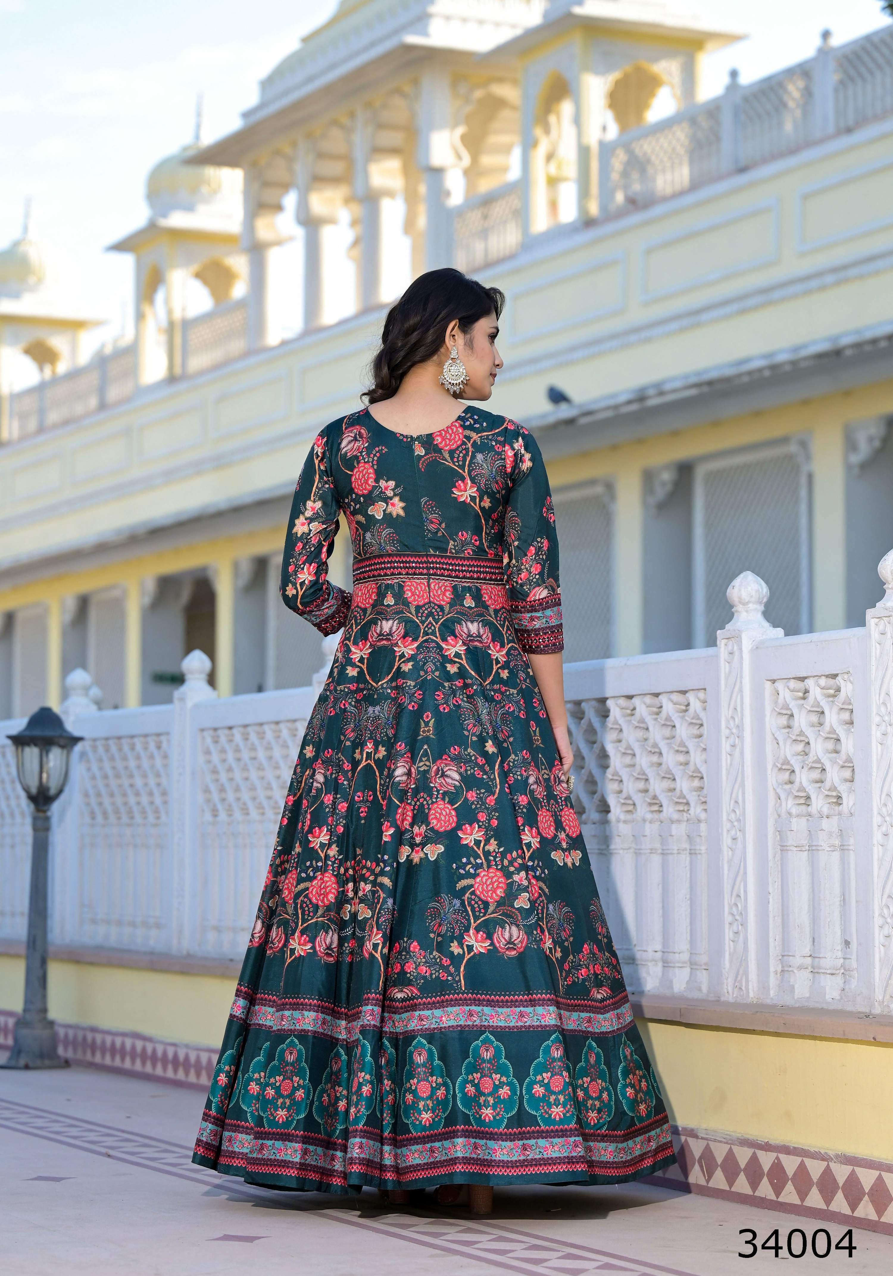 Partywear Designer Green Dola Silk Anarkali suit with Dupatta - Suzen | Grocsy