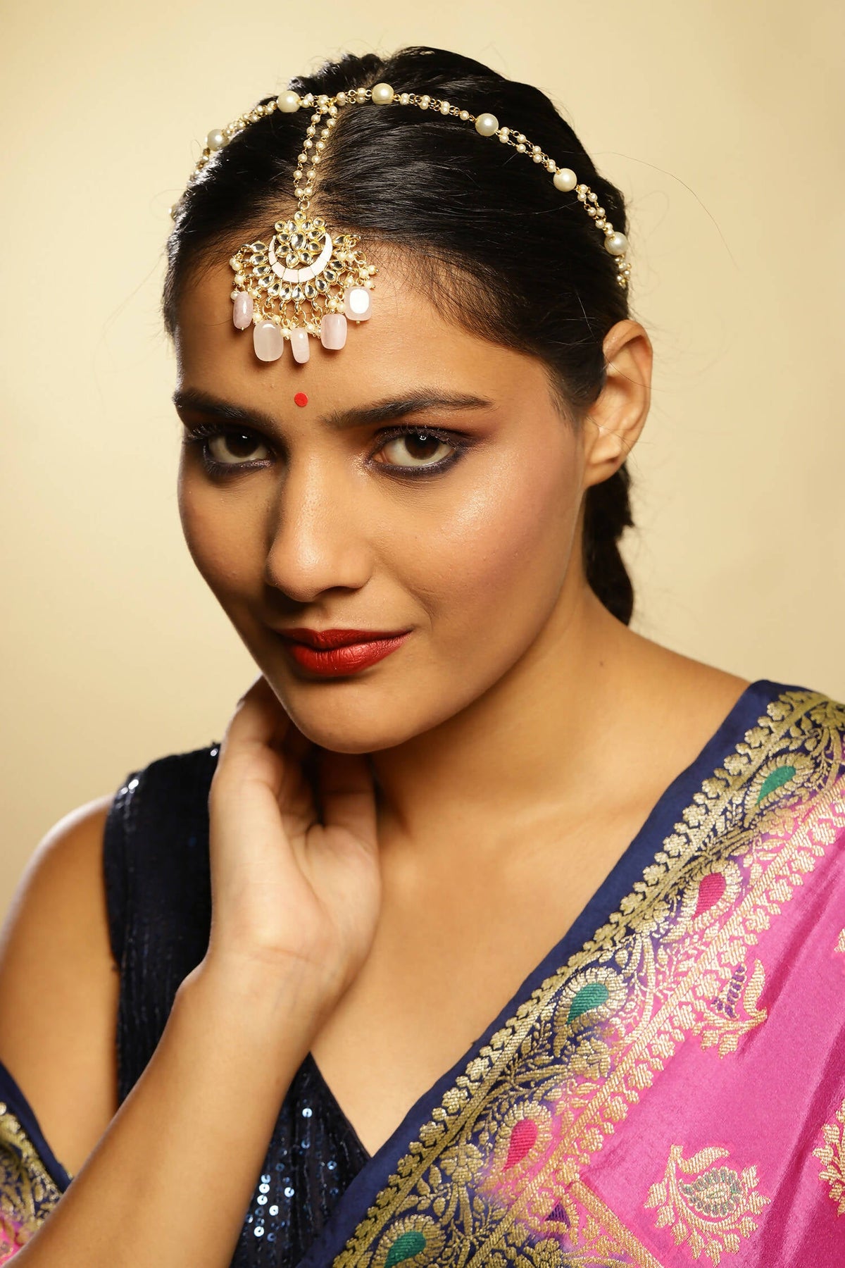 Gold-Polished White Kundan-Studded Pearl Beaded Matha Patti - Ruby Raang | Grocsy