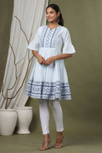 Juniper Sky Blue Cotton Dobby Festive Embroidered Tiered Dress For Women | Grocsy