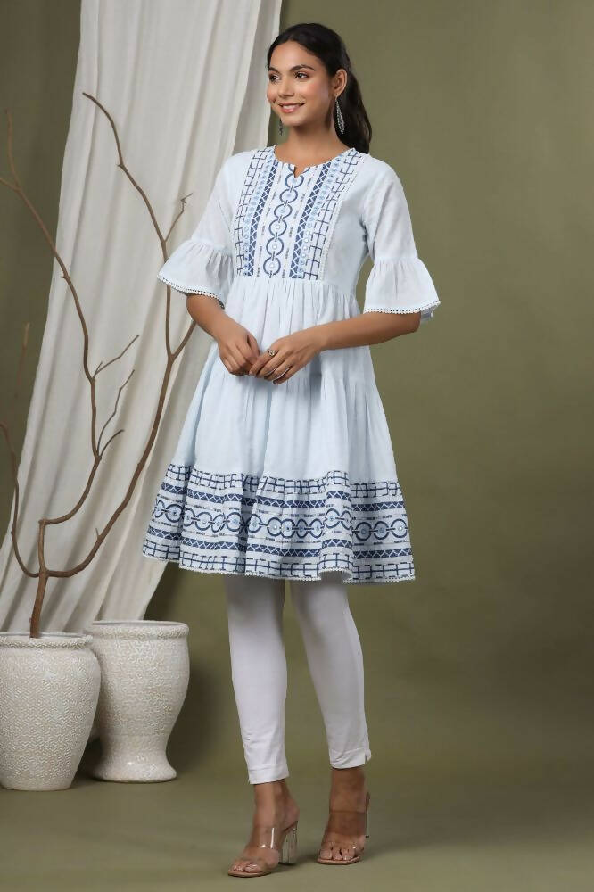 Juniper Sky Blue Cotton Dobby Festive Embroidered Tiered Dress For Women | Grocsy