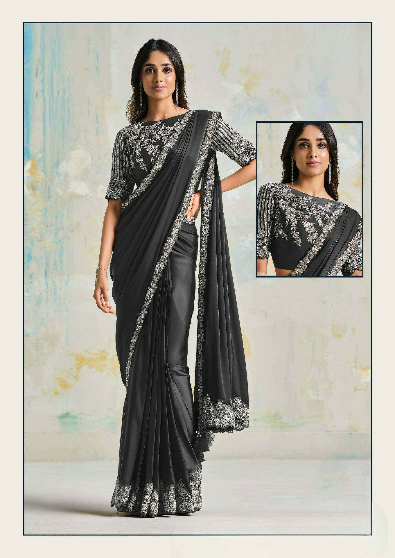 Satin Silk Crepe Saree With Stitched Blouse - Mohmanthan Royal | Grocsy