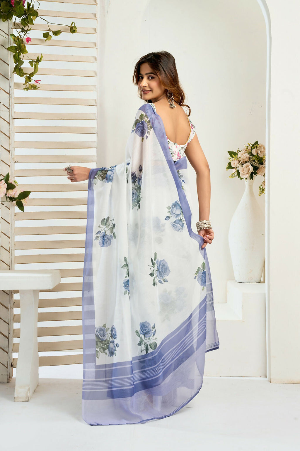 Vastranavya Blue Digital Printed Linen Ready To Wear Designer Saree with Unstitched Blouse | Grocsy