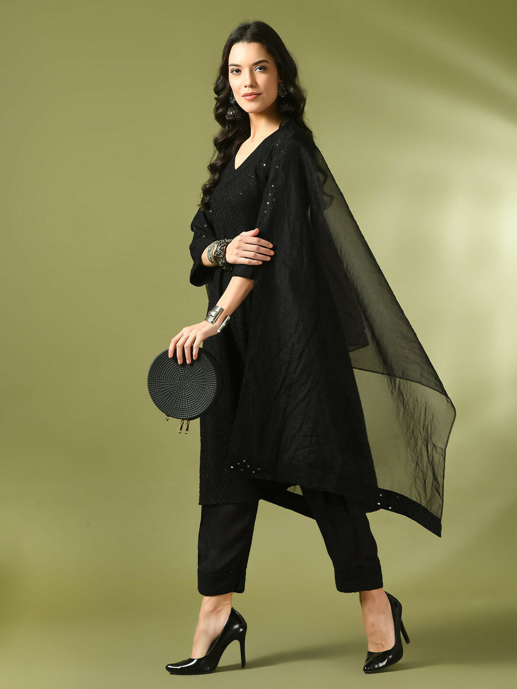 Myshka Women's Black Embroidered Cotton A-Line Party Kurta Set With Dupatta | Grocsy