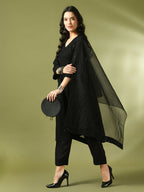 Myshka Women's Black Embroidered Cotton A-Line Party Kurta Set With Dupatta | Grocsy