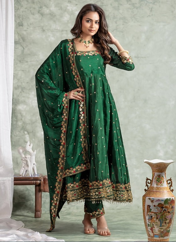 Yash Enterprise Green Silk Embroidery Party Wear Suit Set | Grocsy
