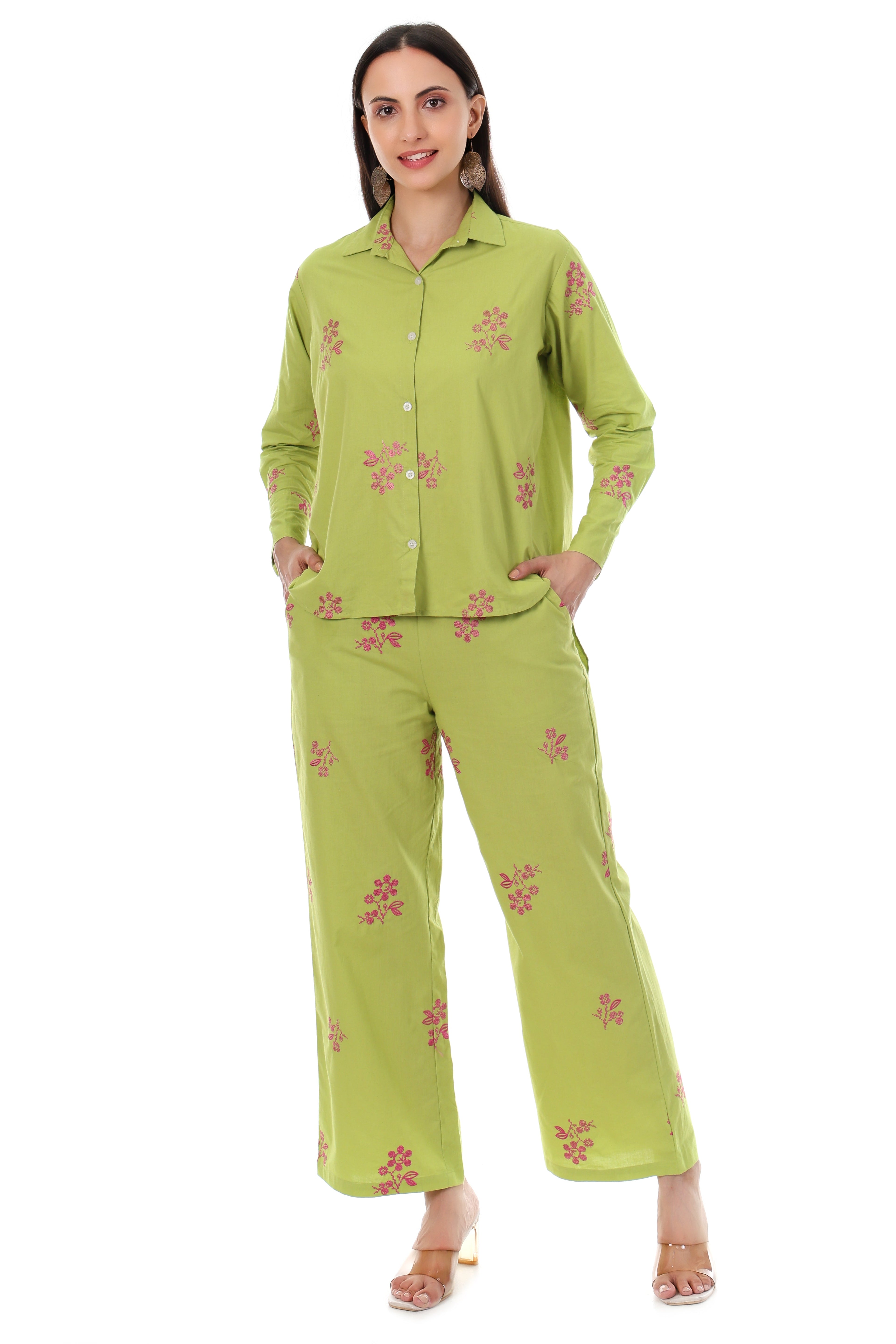 Jaitra Apparels Green Embroidered Premium Pure Cotton Co-Ord Set For Women | Grocsy