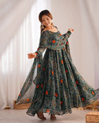 Evanik Green Pure Lightweight Chiffon Bandhej Design Anarkali Pant With Dupatta | Grocsy