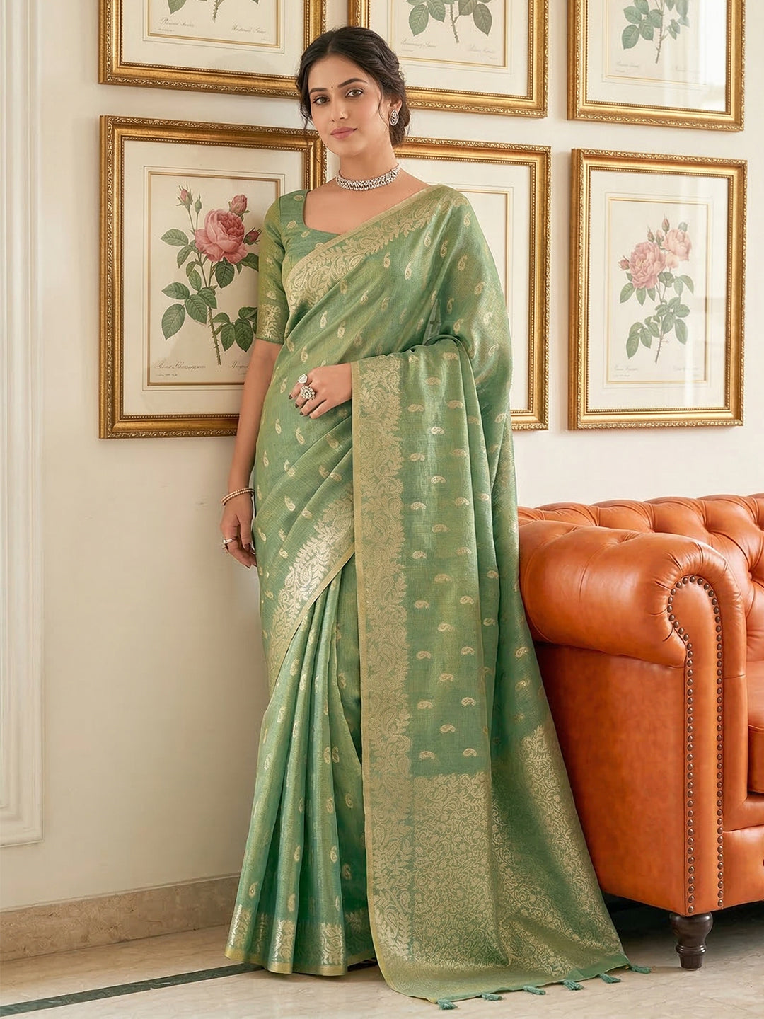 Anaita Green Woven Tissue Silk Saree With Blouse | Grocsy