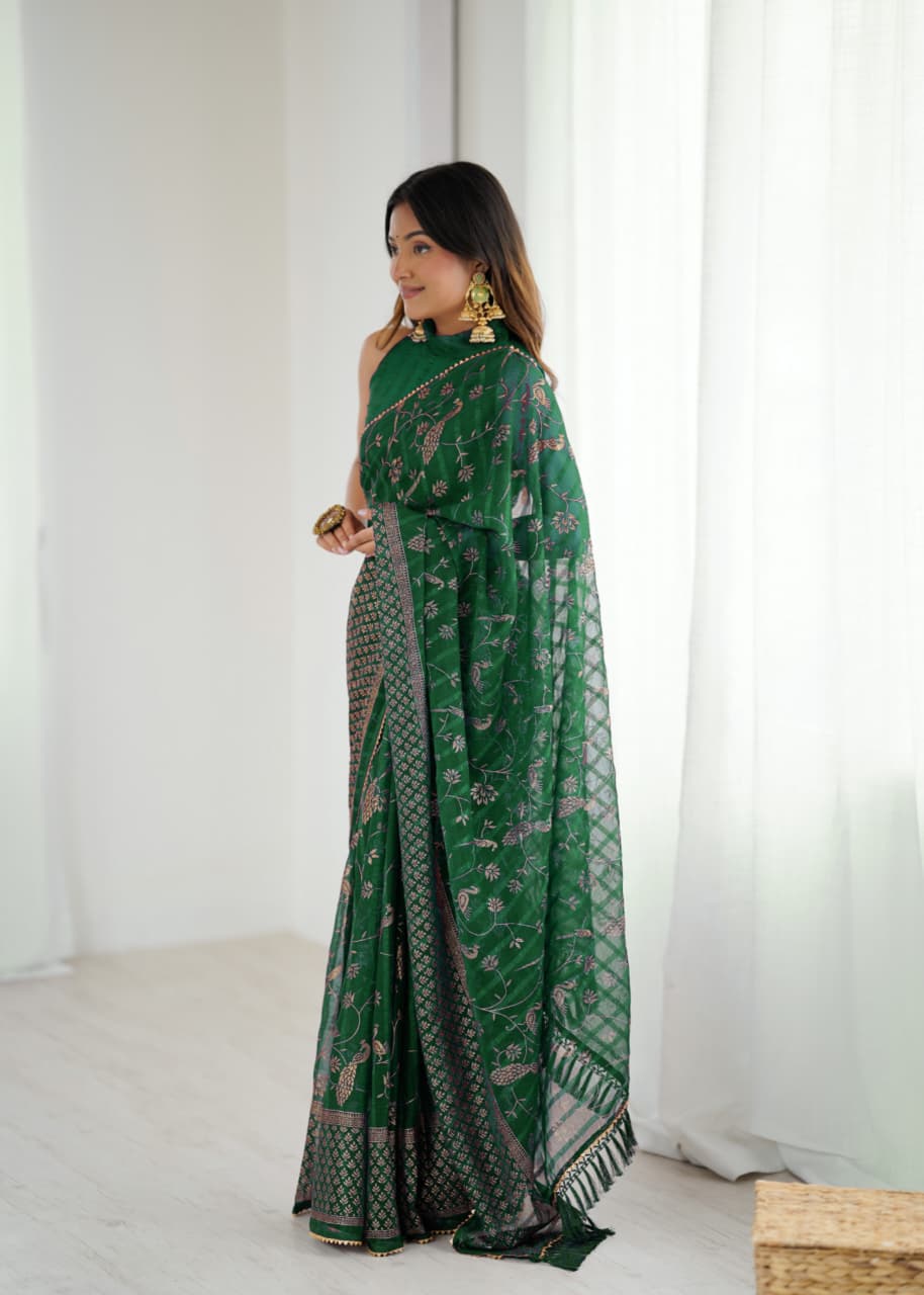 Lorenvalley Fashion Green Solo Georgette Superb Finishing Foils Print & Fancy Zalar Lace in Border Saree with Blouse | Grocsy
