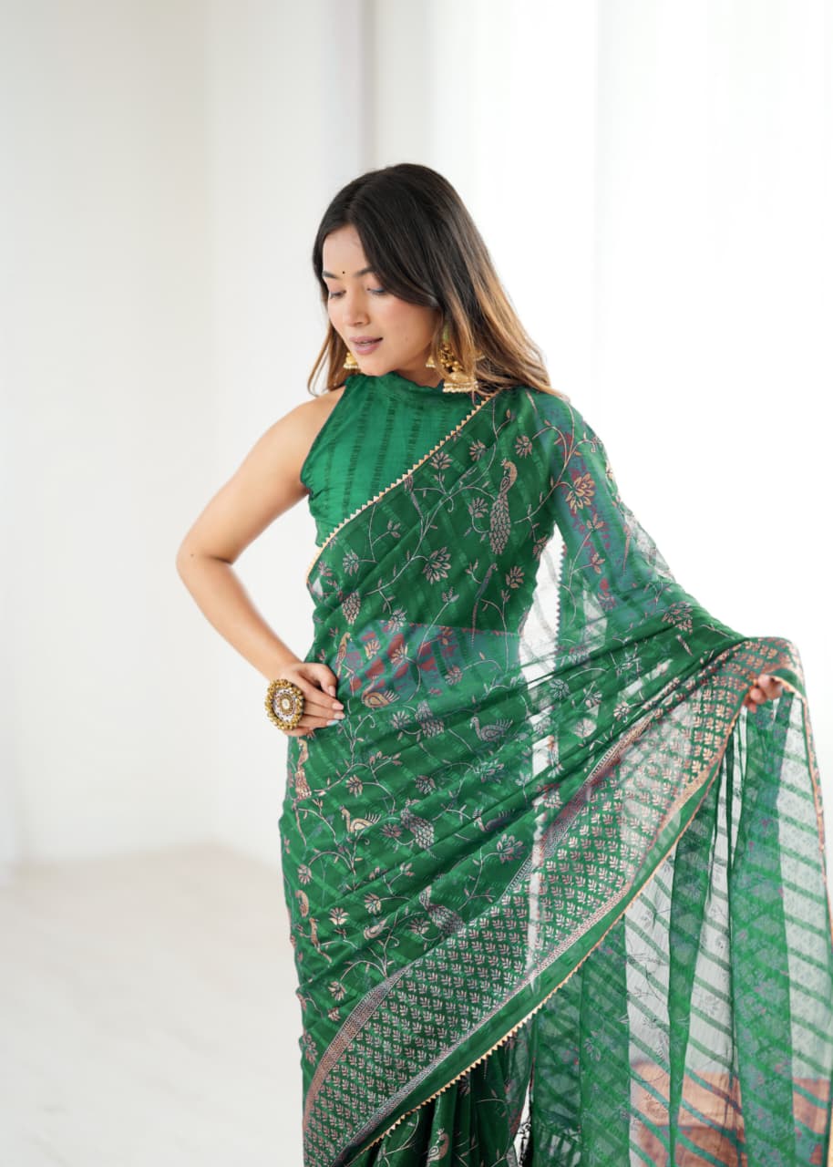 Lorenvalley Fashion Green Solo Georgette Superb Finishing Foils Print & Fancy Zalar Lace in Border Saree with Blouse | Grocsy