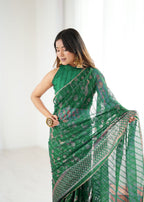 Lorenvalley Fashion Green Solo Georgette Superb Finishing Foils Print & Fancy Zalar Lace in Border Saree with Blouse | Grocsy
