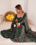 Evanik Green Pure Lightweight Chiffon Bandhej Design Anarkali Pant With Dupatta | Grocsy