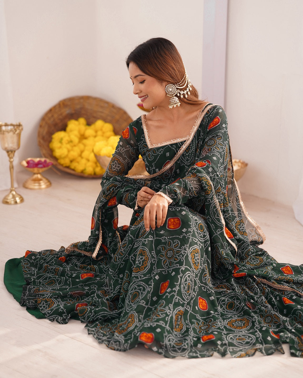 Evanik Green Pure Lightweight Chiffon Bandhej Design Anarkali Pant With Dupatta | Grocsy