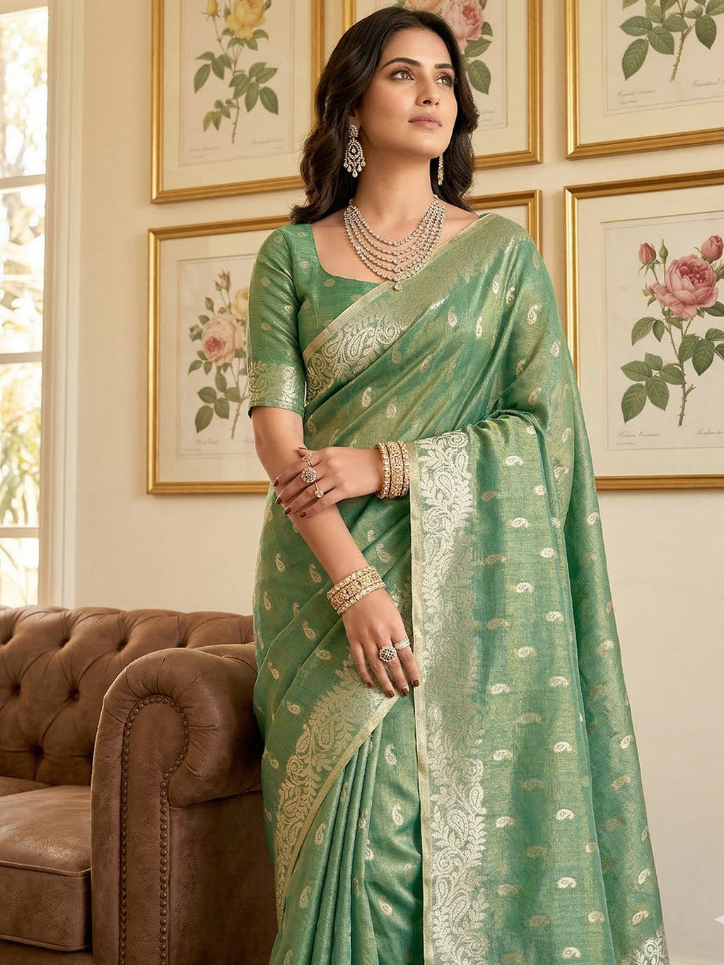 Anaita Green Woven Tissue Silk Saree With Blouse | Grocsy